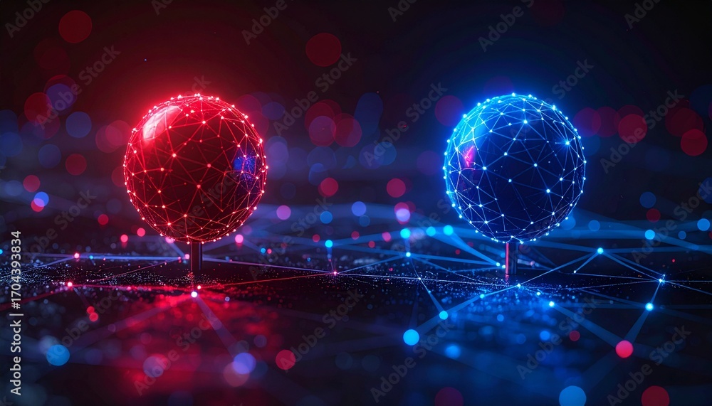 Poster two glowing spheres with interconnected lines, symbolizing digital connection and data transfer