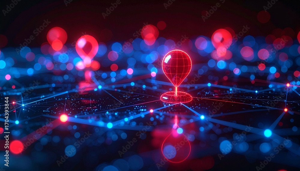 Poster abstract image of glowing red location pins and blue connection lines. the scene conveys a sense of 