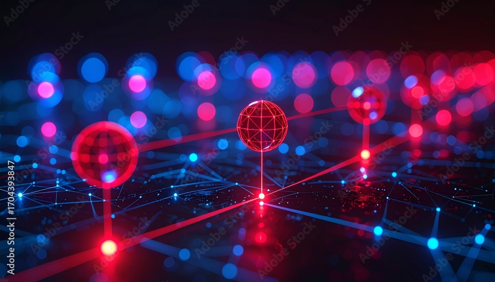 Poster abstract digital spheres interconnected by lines, highlighting network nodes and data flow with vibr