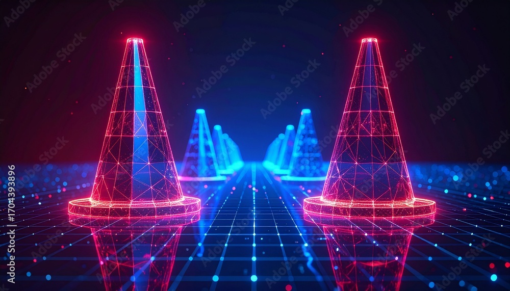 Poster futuristic digital traffic cones arrayed along a grid, symbolizing direction and guidance. the cones
