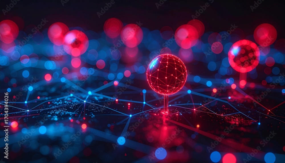Poster illuminated network of red dots and blue connecting lines, suggesting a complex data system. the com