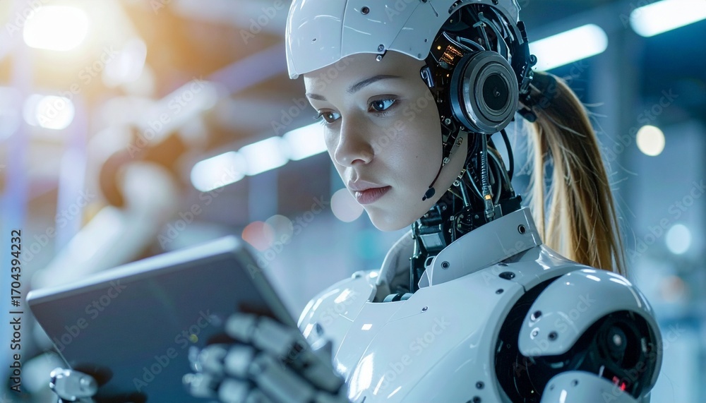Poster an artificial intelligence robot observing the data on tablet