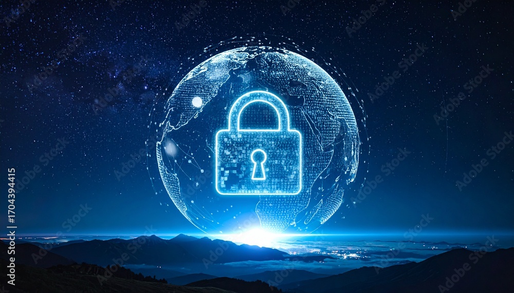 Poster a digital padlock superimposed on a glowing globe representing global data security. the image conve