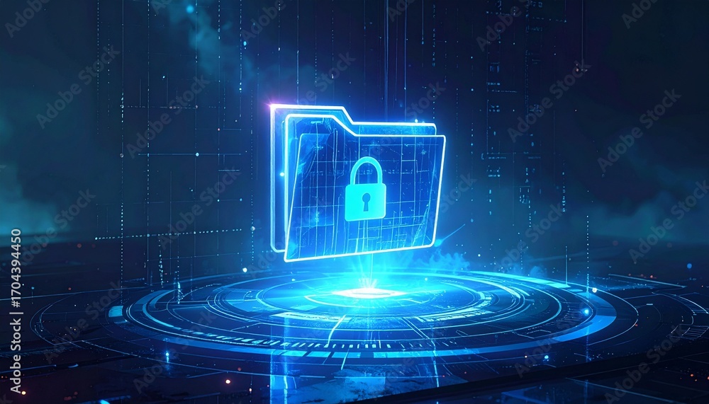 Poster a glowing digital folder with a lock icon, representing secure data and protection. it emits a radia