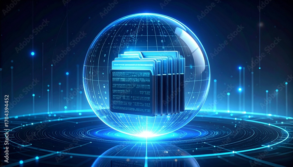 Poster a stunning digital illustration of a server database protected within a glowing, transparent sphere,