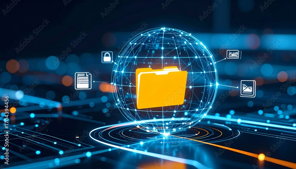 Poster illustration of a digital globe with a folder in the center, surrounded by icons representing data a