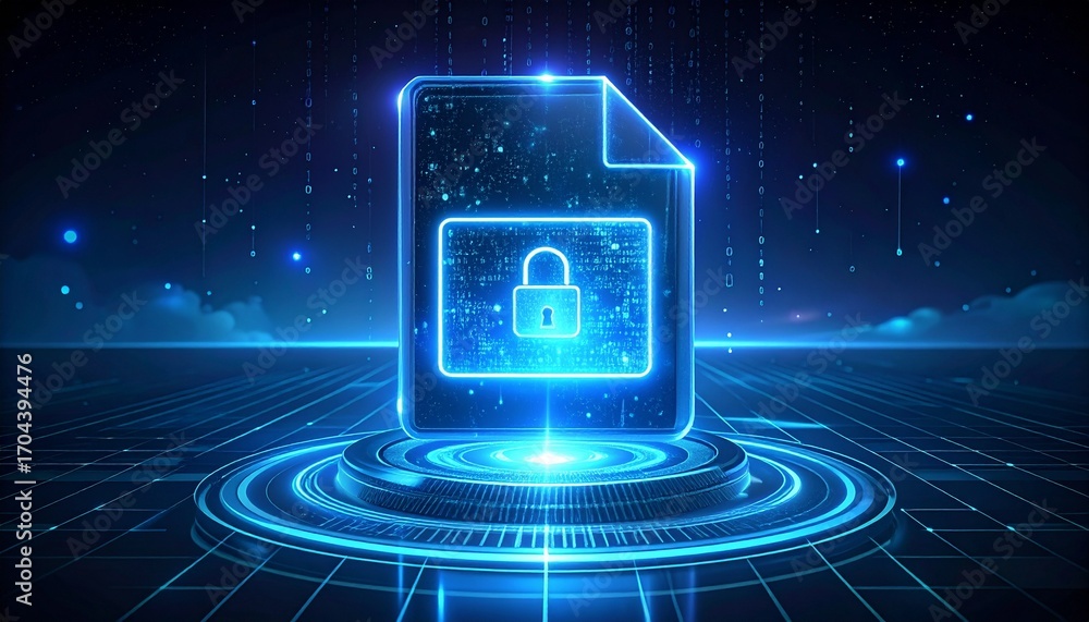 Poster a digital document secured by a padlock, highlighting data protection in the digital realm. the file