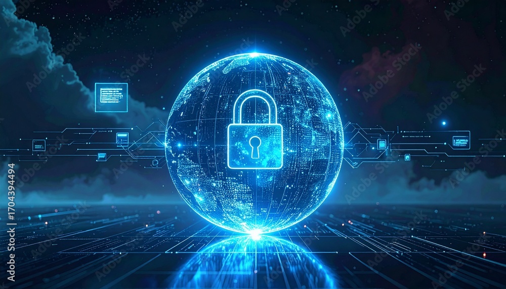 Poster digital security: a glowing padlock with connected lines over a digital globe