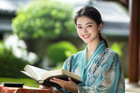 Woman in traditional attire holding an open book outdoors. - Powered by Adobe