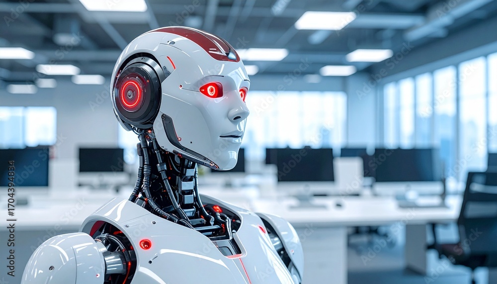 Aufkleber a futuristic android robot stands in a modern office environment, suggesting the intersection of tec