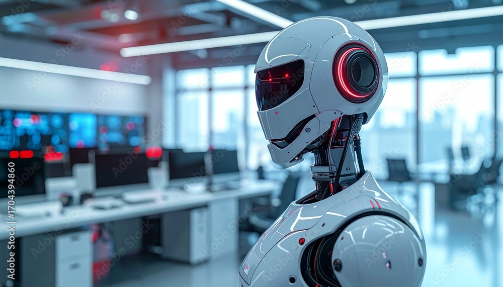 Poster a futuristic robot observes a high-tech office environment. the robot is meticulously designed with 