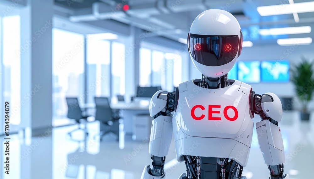 Poster a futuristic image of a robot standing in an office environment. the robot has ceo written on its ch
