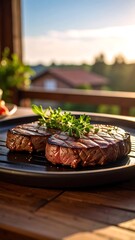 Grilled steak on a patio at sunset
