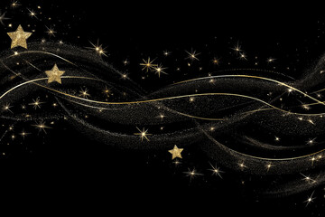 Golden stars and glittering trails over a dark background create a magical and elegant festive design. Decorative, festive and celebratory.