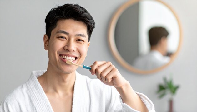 A young man in a robe brushing his teeth, smiling brightly in front of a mirror, promoting oral hygiene