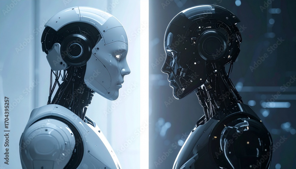 Poster two robots are looking at each other, with one lit with a bright light, and the other in shadows. an