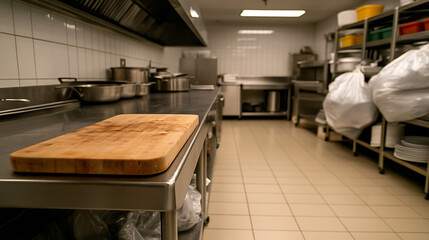 Fototapeta premium Restaurant kitchen with cutting board on stainless steel counter, tile floor. Professional cooking space with organization and prep area.