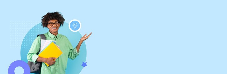 A student stands confidently, holding books and a backpack while gesturing toward the left. The colorful background emphasizes a modern educational environment, highlighting enthusiasm for learning.