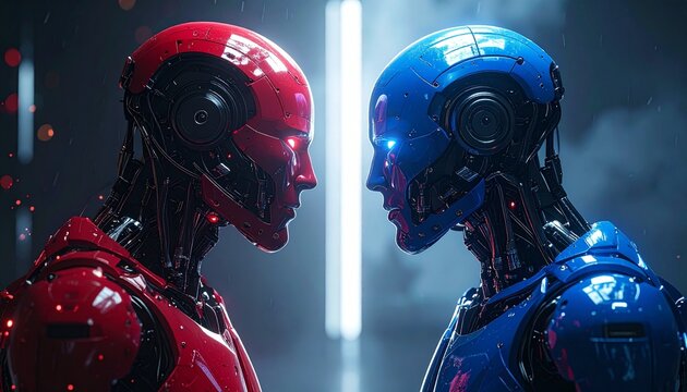 Two humanoid robots facing each other with intense expressions, illuminated by futuristic lighting. One robot is colored red, the other blue, and the setting is a high-tech, modern environment.