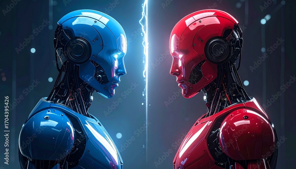 Poster futuristic robots face to face with each other. intense glow from the lightning between them, high-t