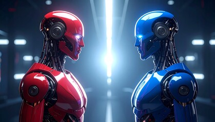 Fototapeta premium Two futuristic robots facing each other, illuminated by a bright light, evoking a sense of technological advancement