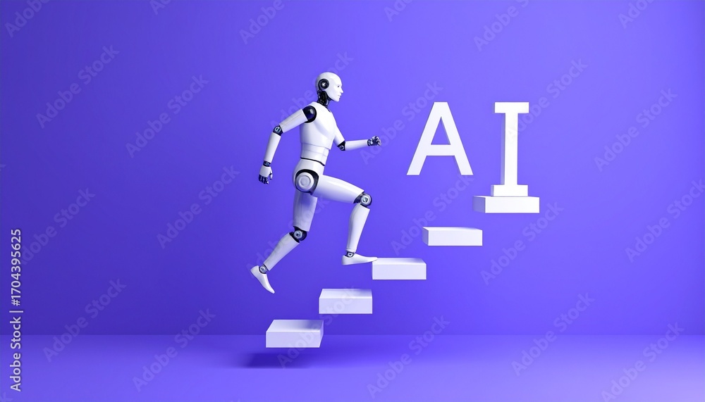 Poster a robot confidently climbing the stairs with the letters ai to showcase the growth and future of art