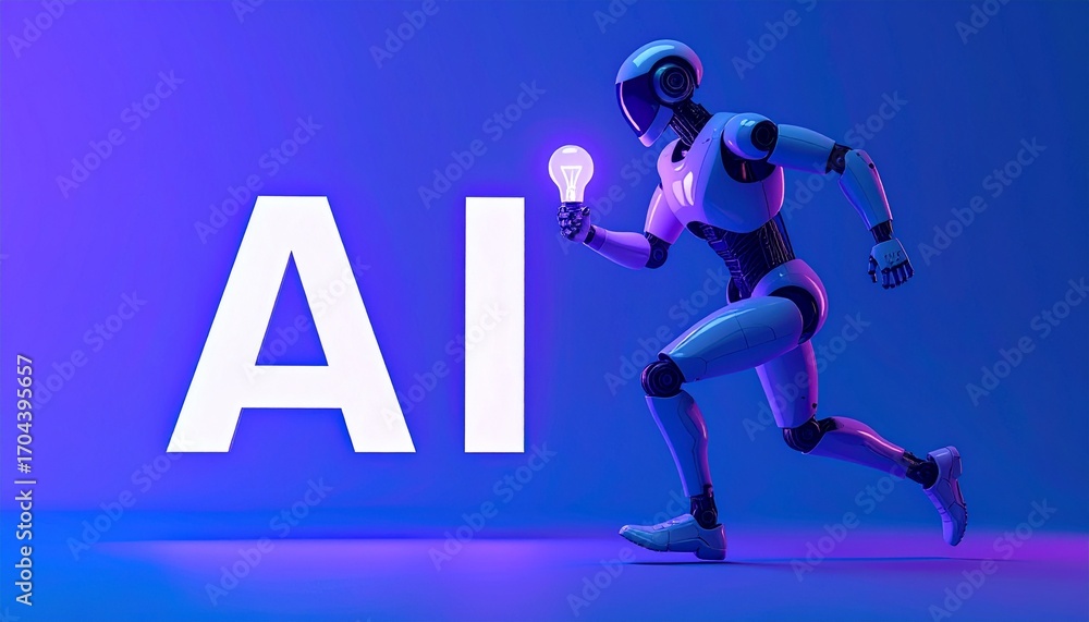 Poster a futuristic image of a robot running holding a light bulb, next to the letters ai, symbolizing inno