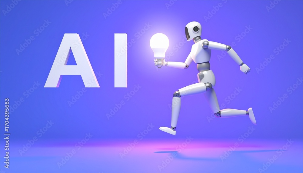 Poster ai robot with light bulb running next to the ai text. this conceptual image embodies intelligence, i