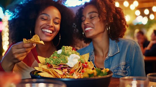 Friends enjoying lively restaurant ambiance sharing nachos and laughter