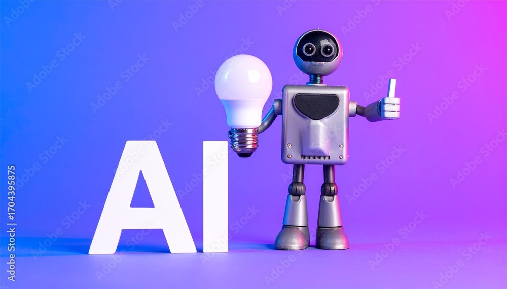 Poster an ai robot with a light bulb, concept of artificial intelligence and technology