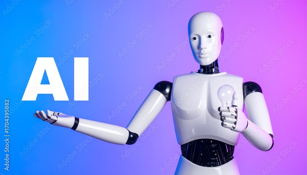 Poster a humanoid robot is demonstrating artificial intelligence with a light bulb