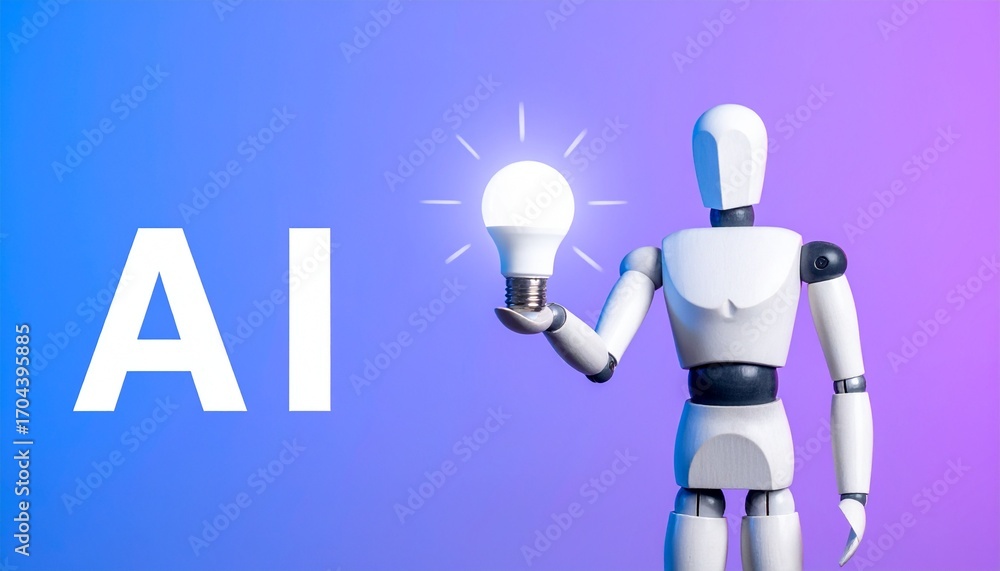 Poster ai and robot holding glowing light bulb representing innovation, artificial intelligence and new tec