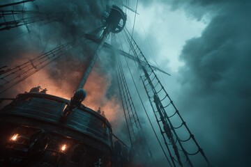 Crows nest engulfed in smoke from cannon fire