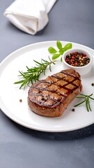 Grilled steak on a plate with herbs and spices