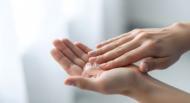 Close up of a person applying hand sanitizer gel to their palms and rubbing them together for hygiene and cleanliness