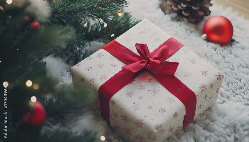 Poster a white gift box with a red ribbon and snowflake pattern sits on a fluffy white surface near a pine 