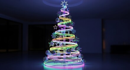 futuristic Christmas tree with glowing neon lights in dark interior. minimalist spiral tree is decorated with sparkling crystal ornaments and topped with neon star. cyberpunk-inspired holiday