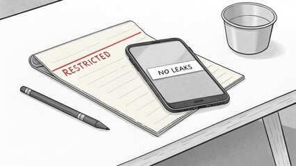 Restricted Note and Phone with No Leaks Warning on Desk