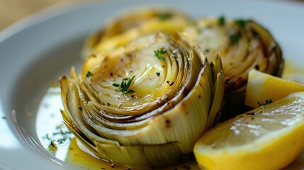 Roasted artichoke halves with lemon slices.