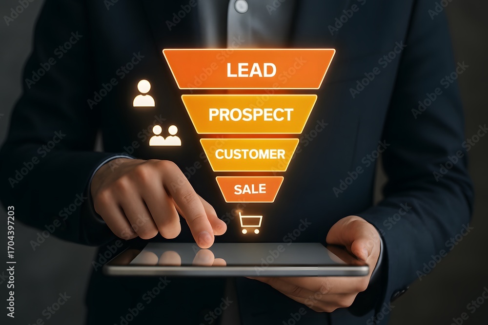 Poster businessman using a tablet to visualize sales funnel process.