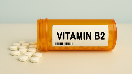 Box of VITAMIN B2 tablets on a hospital pharmacy table used to treat riboflavin deficiency a...