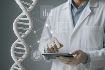 A scientist examining the DNA model with modern technology.