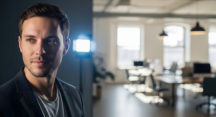 Confident young businessman with short brown hair and beard looking directly at camera in modern office space with blurred background