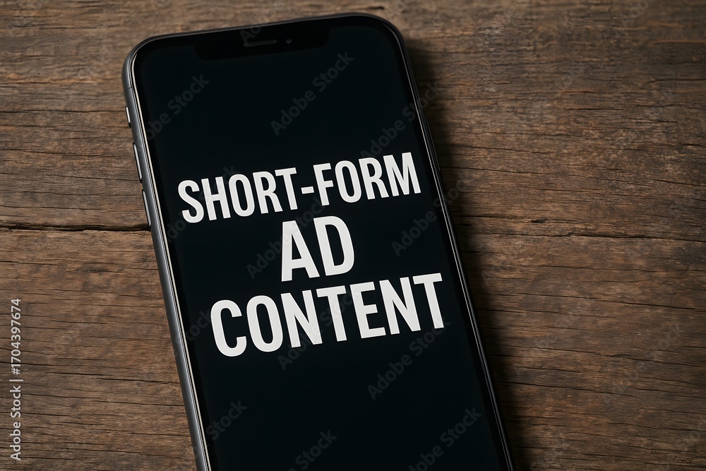 Poster an up-close image of a smartphone displaying the text short-form ad content.