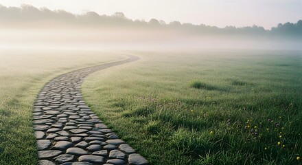 A winding stone pathway leads through a misty green meadow towards a distant tree line at sunrise