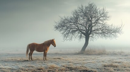 A solitary brown horse stands in a frosty foggy field next to a bare winter tree