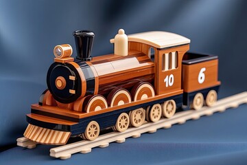 Wooden toy train engine on tracks.