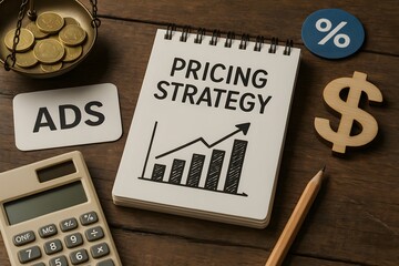 Business concept with pricing strategy, ads, calculator, and currency. 