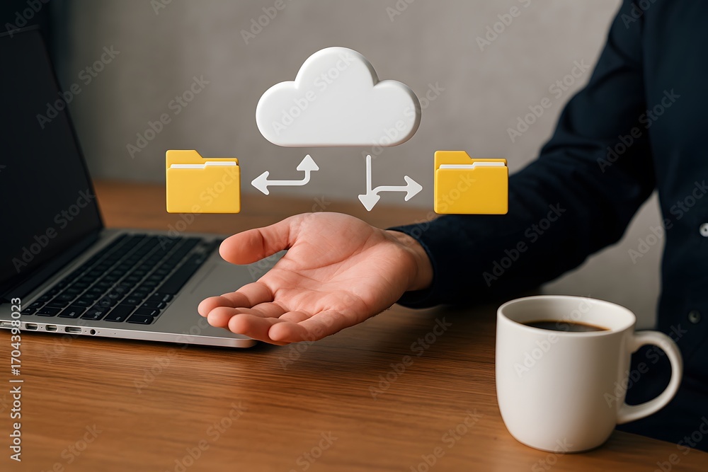 Poster cloud computing and data storage concept with hand.