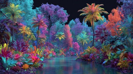 Fototapeta premium neon jungle brightly colored dark backdrop
